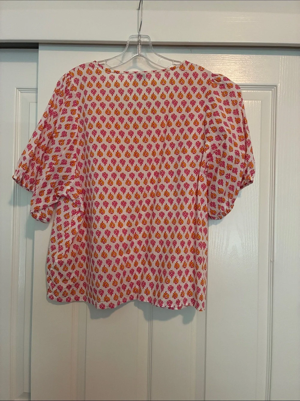 J. Crew Pink and Orange Floral Puff-Sleeve V-Neck Blouse